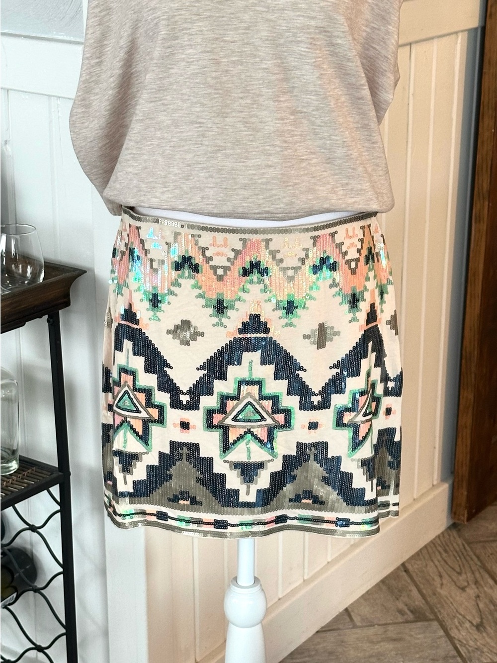 Express Sequin Skirt Aztec Geometric Mini Cream Multi Color Size Med